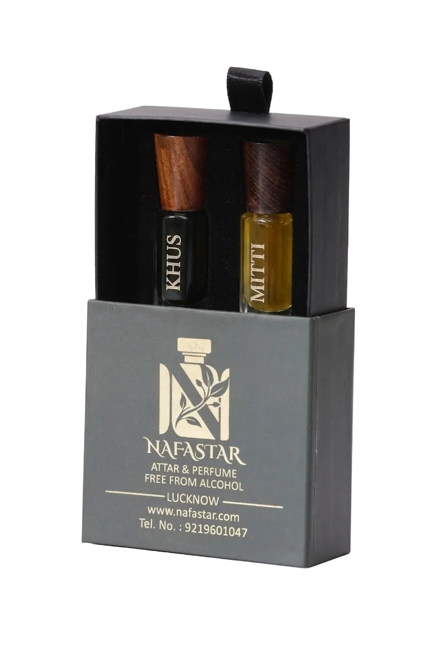 Nafastar Earth & Soul Duo: Premium Khus & Mitti Attar Set | Pure Vetiver & Petrichor Perfume Oils