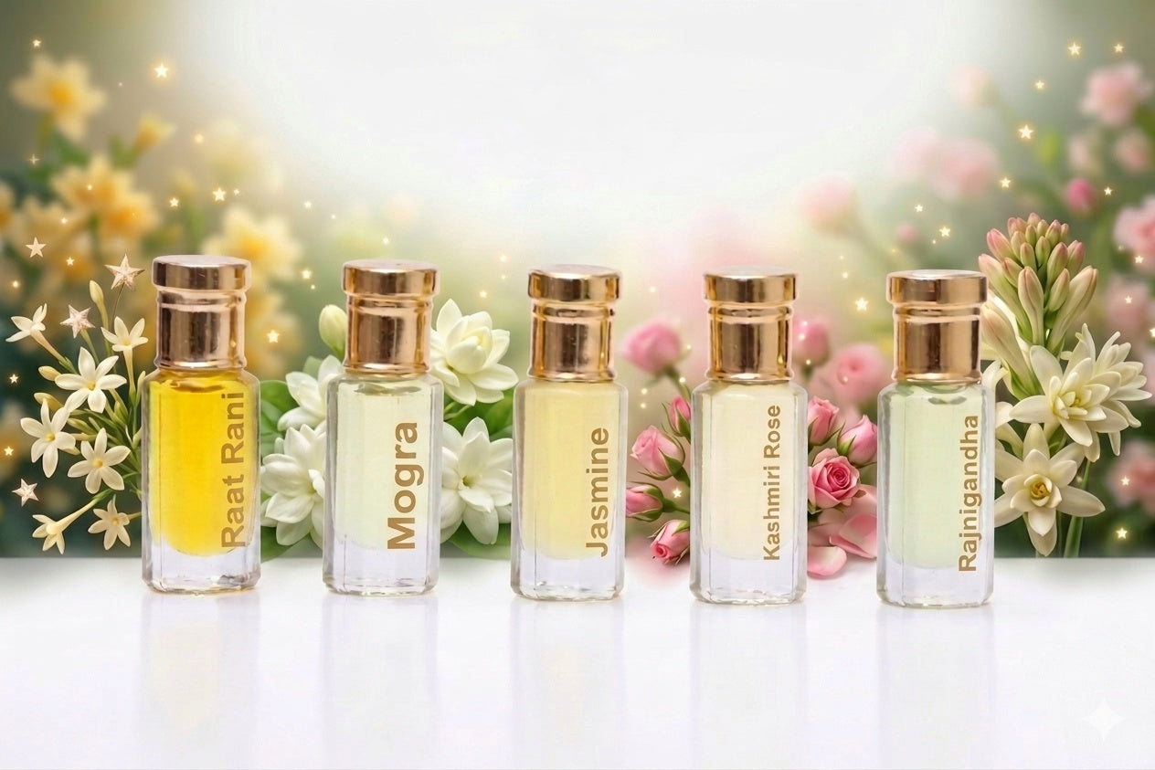 Botanical Bliss Essence: A Luxurious Blend of Midnight Jasmine, Mogra, Kashmiri Rose & Rajnigandha