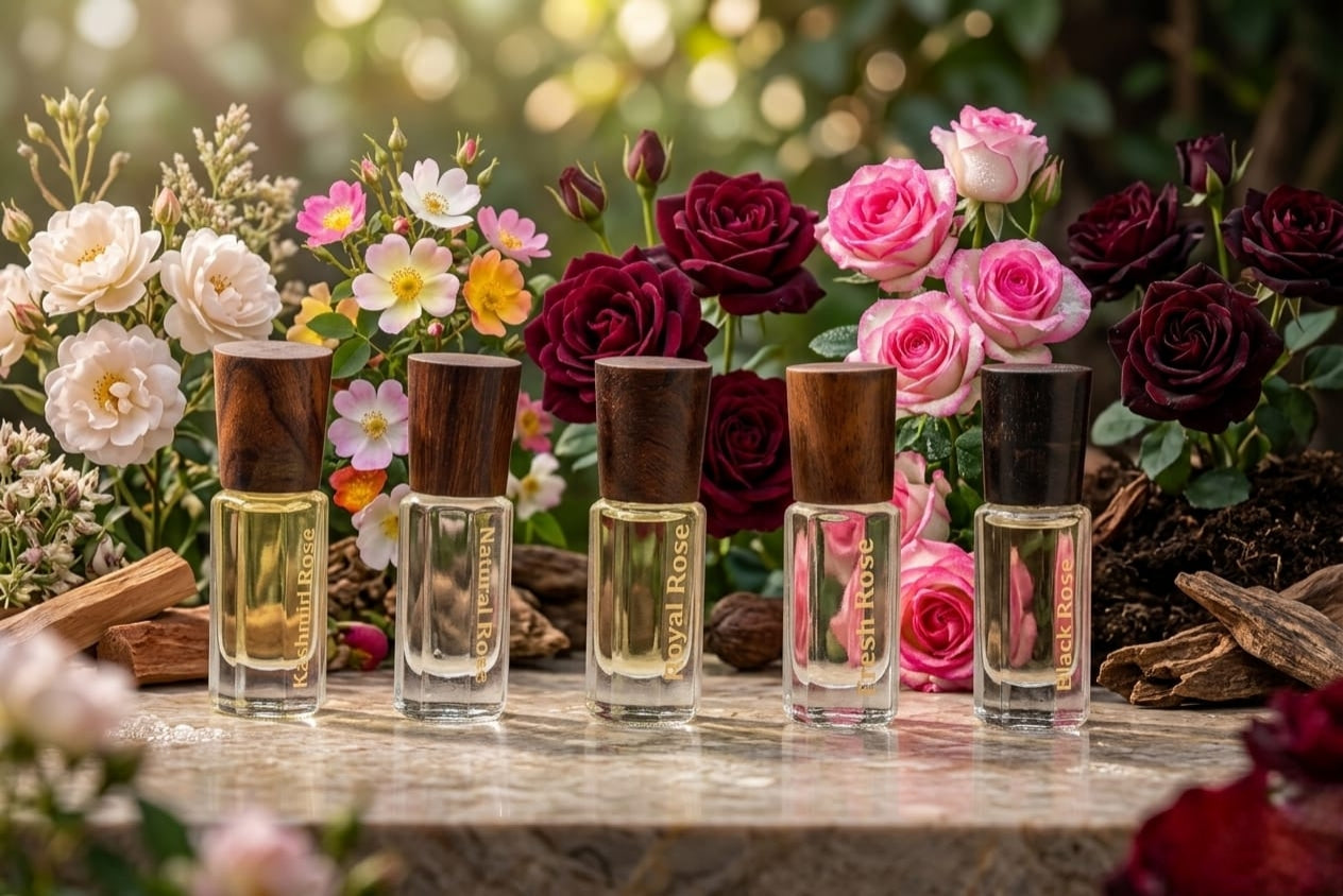 Nafastar Floral Collection | 5-Piece Premium Attar Set | Kashmiri, Natural, Royal, Fresh & Black Rose