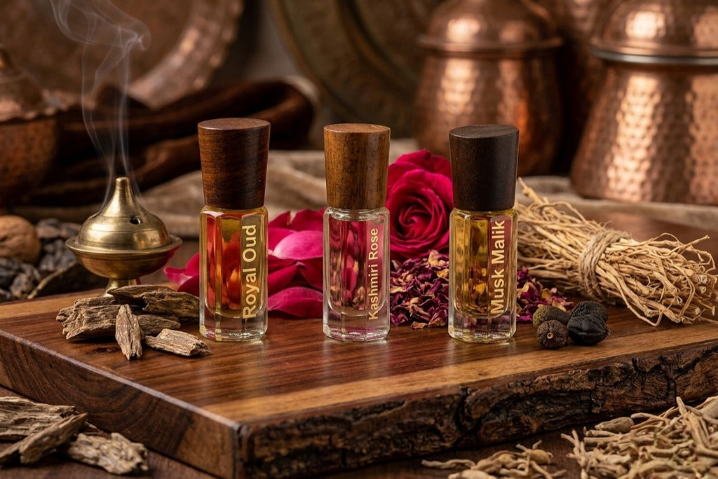 The Nafastar Essentials: Royal Oud, Kashmiri Rose & Musk Malik | 3-Piece Artisan Attar